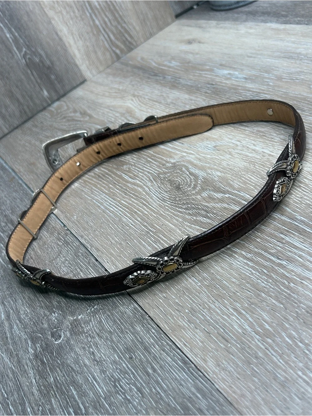 Brighton Brown Croc Embossed Leather Belt Silver Gold Two Tone Western Size 30